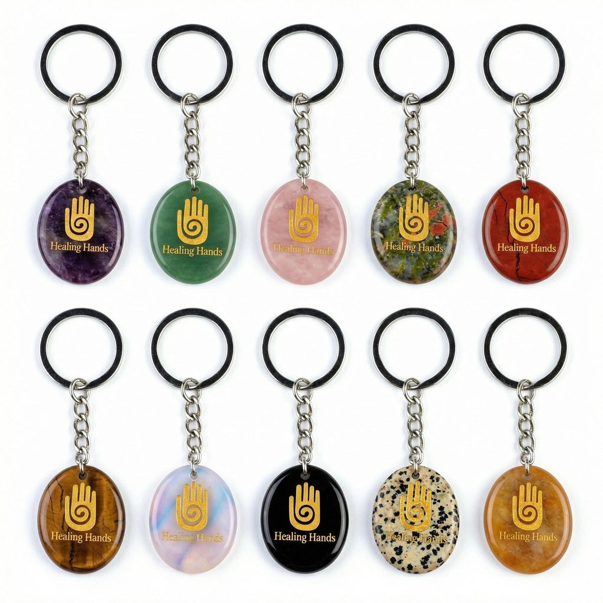 Oval Gemstone Disc Keychain– Carved with Custom Words & Symbol -"Hand"