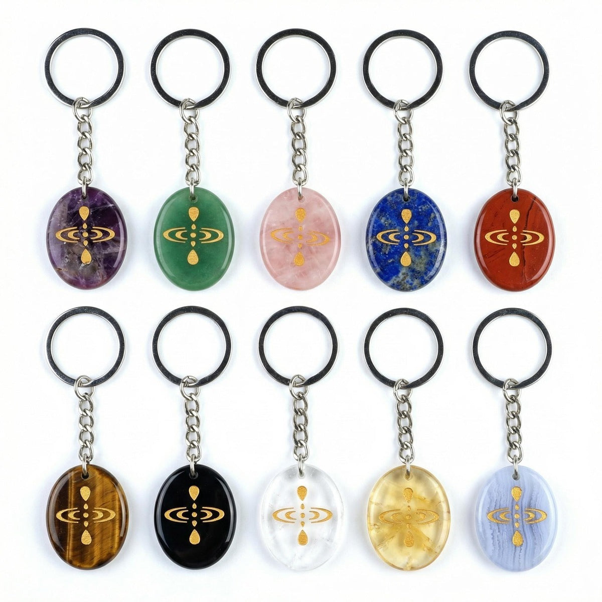 Oval Gemstone Disc Keychain– Carved with Custom Words & Symbol -Mindfulness Meditation