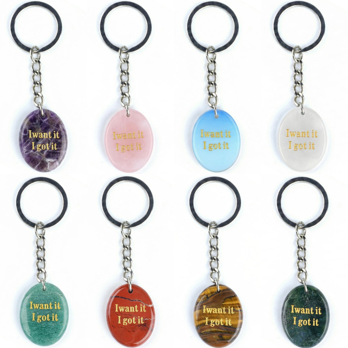 Oval Gemstone Disc Keychain– Carved with Custom Words & Symbol -I want it I got it
