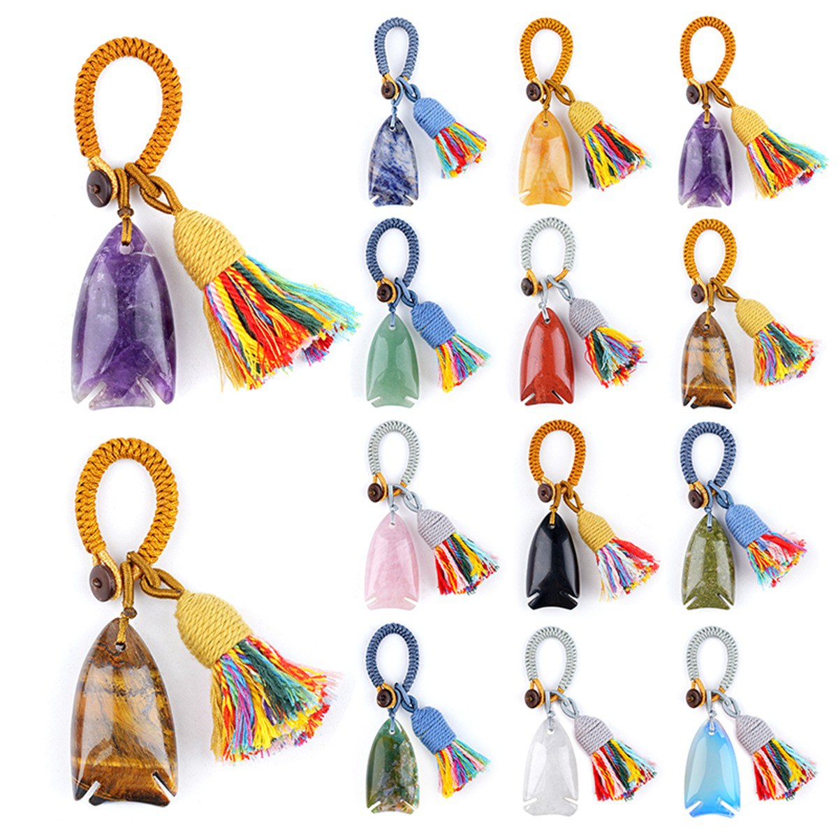 Handmade Gemstone Fish Keychain with Colorful Tassel #KC2016S-A10 Charm for Abundance, Protection & Everyday Luck | Perfect Gift for Her