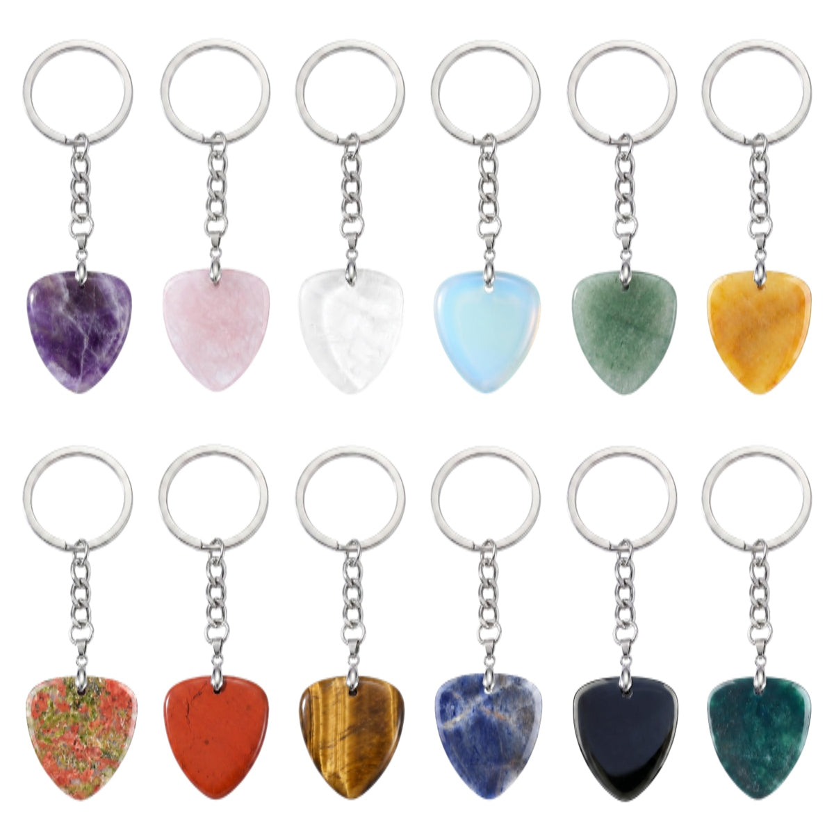 Natural Gemstone Guitar Pick Keychain with Simple Key Chain 27x32MM Crystal Pendant KC2030