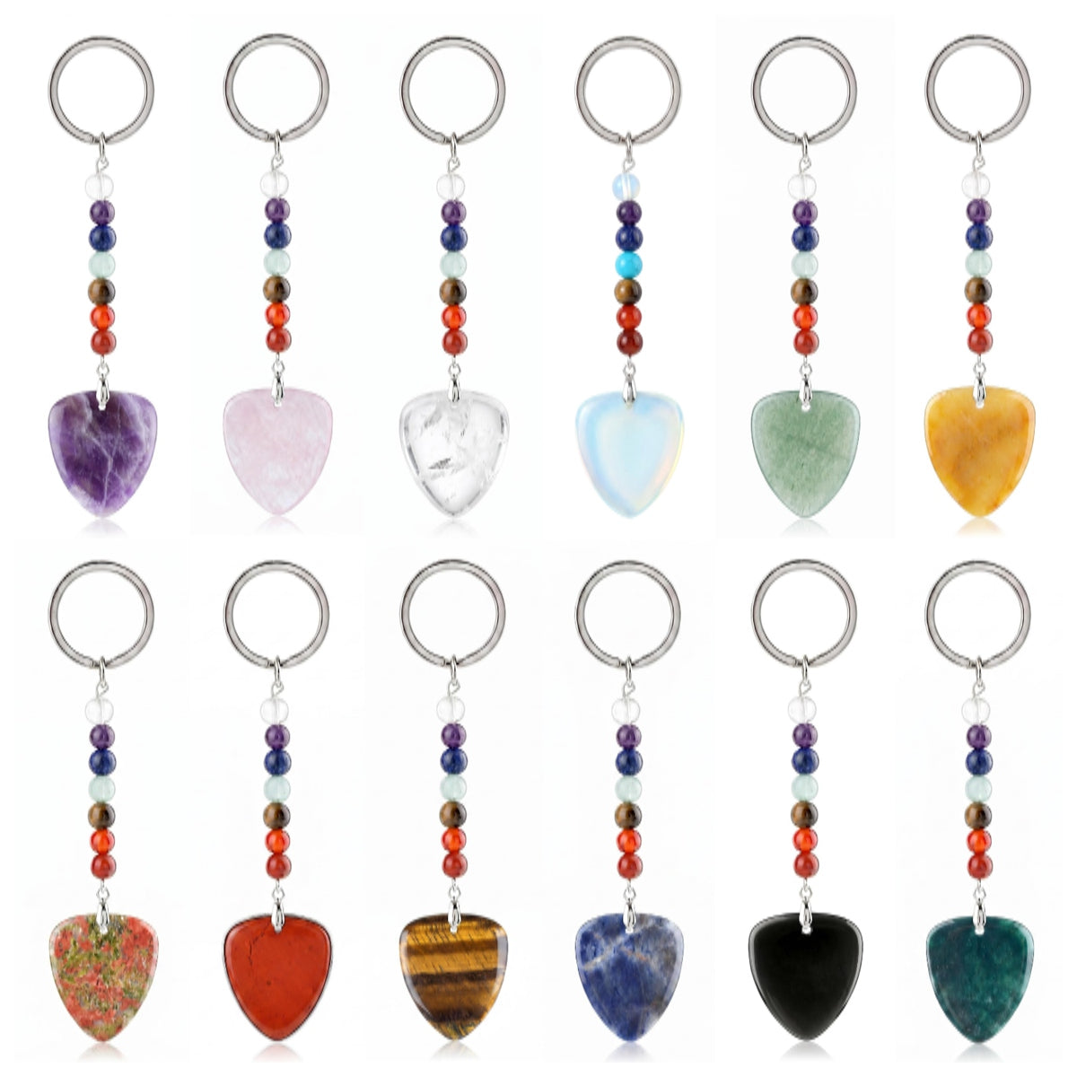 Gemstone Guitar Pick Keychain 7 Charka Chain KC2030