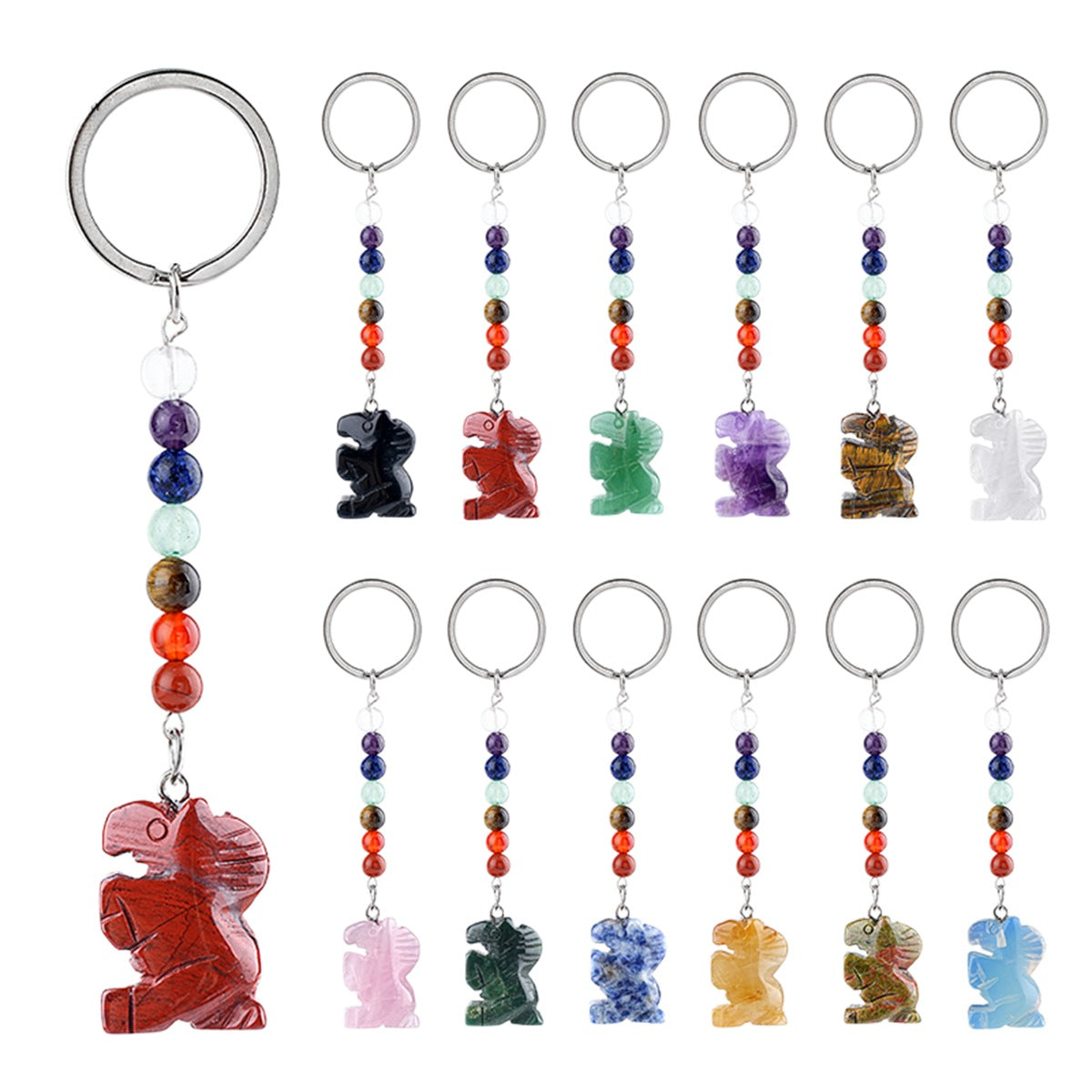 Gemstone Snal Pendant Keychain Hand Carved 25MM Animal Keyring 7 Chakra Beads Chain Accessories for Bag #KC2302S-A4
