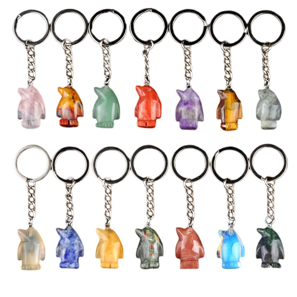 1.0 Inch Hand-Carved Gemstone Penguin Pendant Keychain#KC2313S-A1