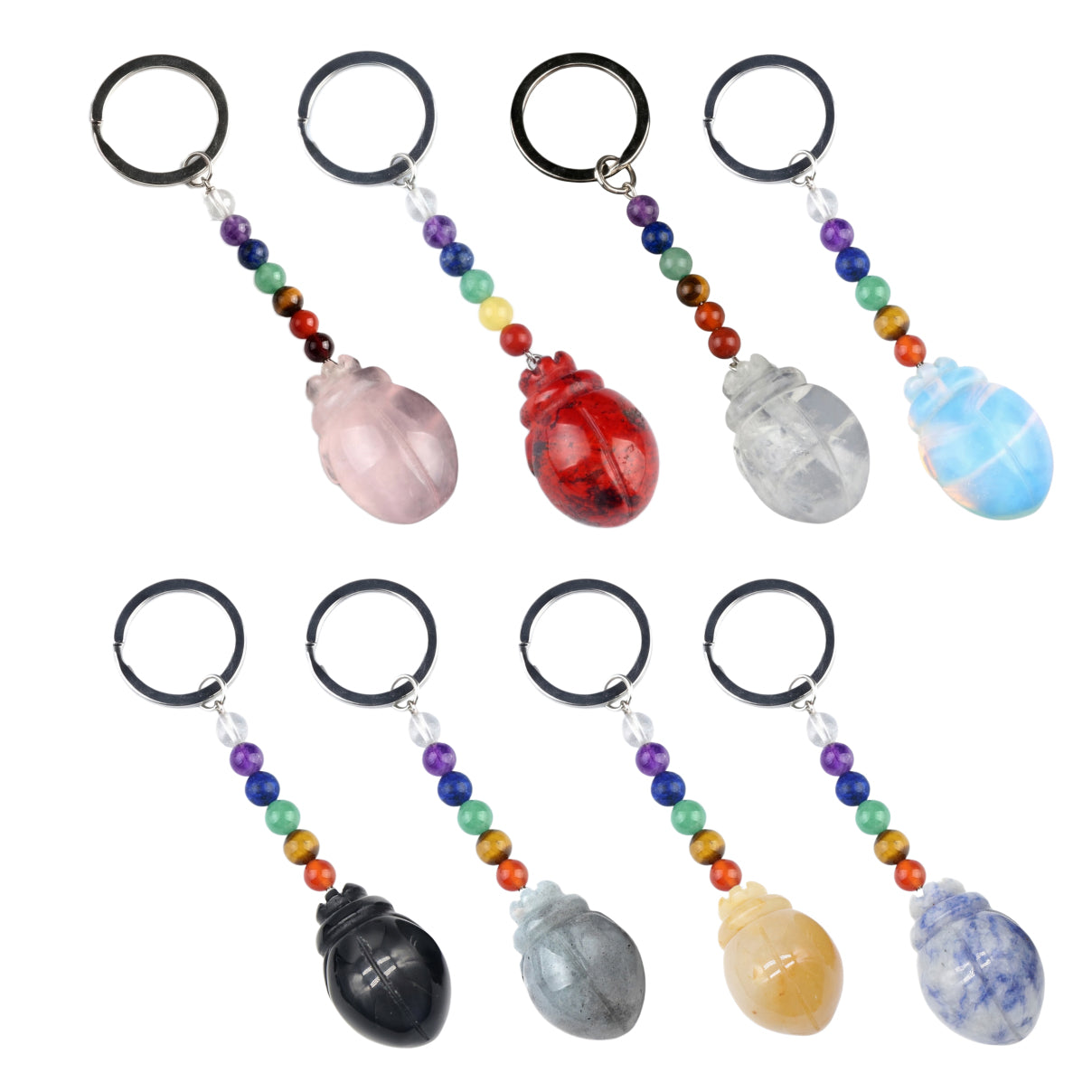 1.0 Inch Hand Carved Beetle Gemstone Pendant Keychain 7 Chakra Beads Chain  #KC2315S-A4