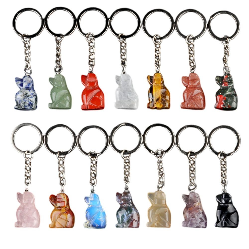 1.0 Inch Hand Carved Gemstone Dog Pendant Keychain #KC2316S-A1