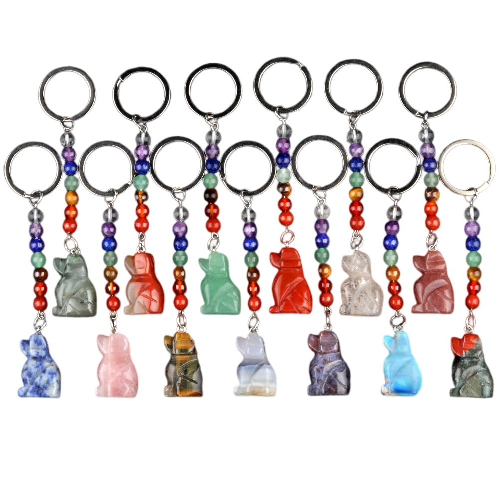 1.0 Inch Hand Carved Dog Gemstone Pendant Keychain 7 Chakra Beads Chain #KC2316S-A4