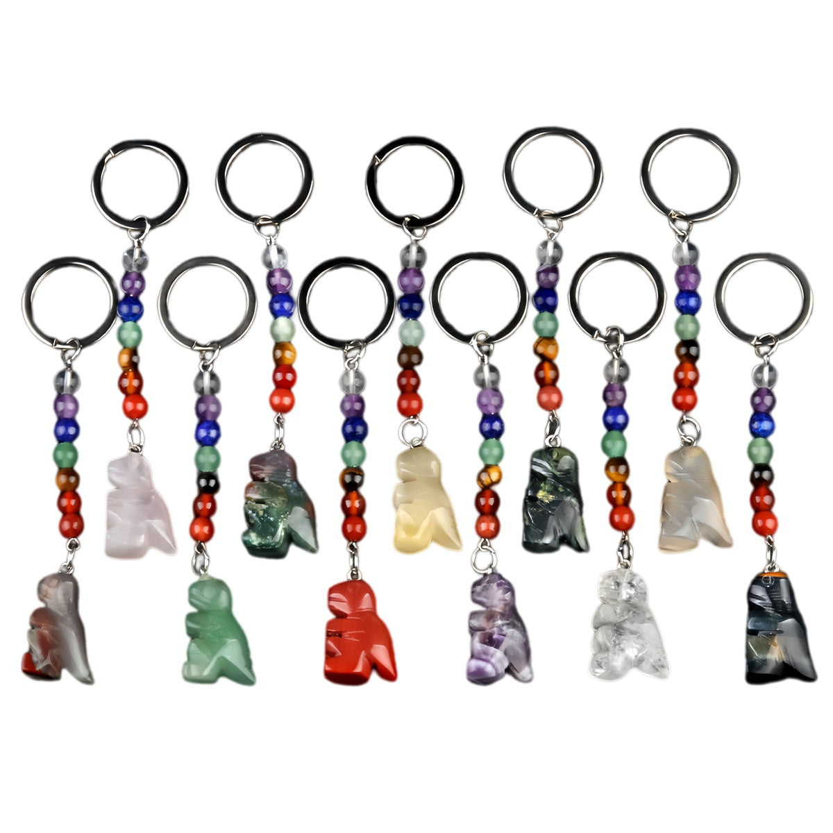 1.0Inch Handmade Craved Dinosaur Gemstone Pendant Keychain 7 Chakra Beads Chain #KC2318S-A4