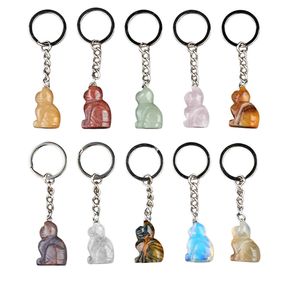 1.0Inch Handmade Craved Gemstone Cat Animal Pendant Keychain #KC2319-A1