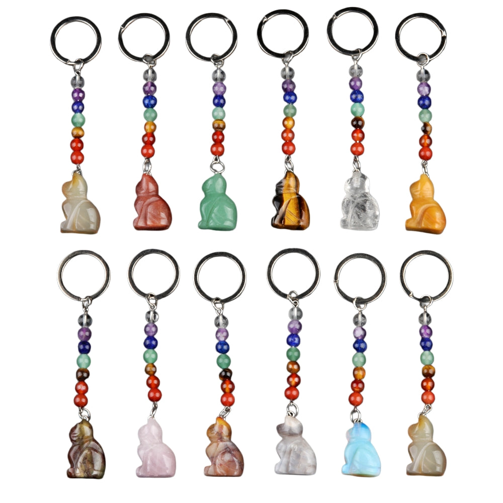 1.0Inch Handmade Craved Cat Gemstone Pendant Keychain 7 Chakra Beads Chain #KC2319S-A4