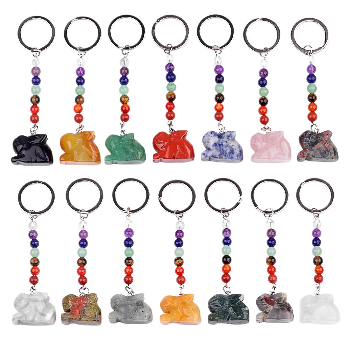1.0Inch Handmade Craved Rabbit Animal Gemstone Pendant Keychain 7 Chakra Beads Chain #KC2320S-A4