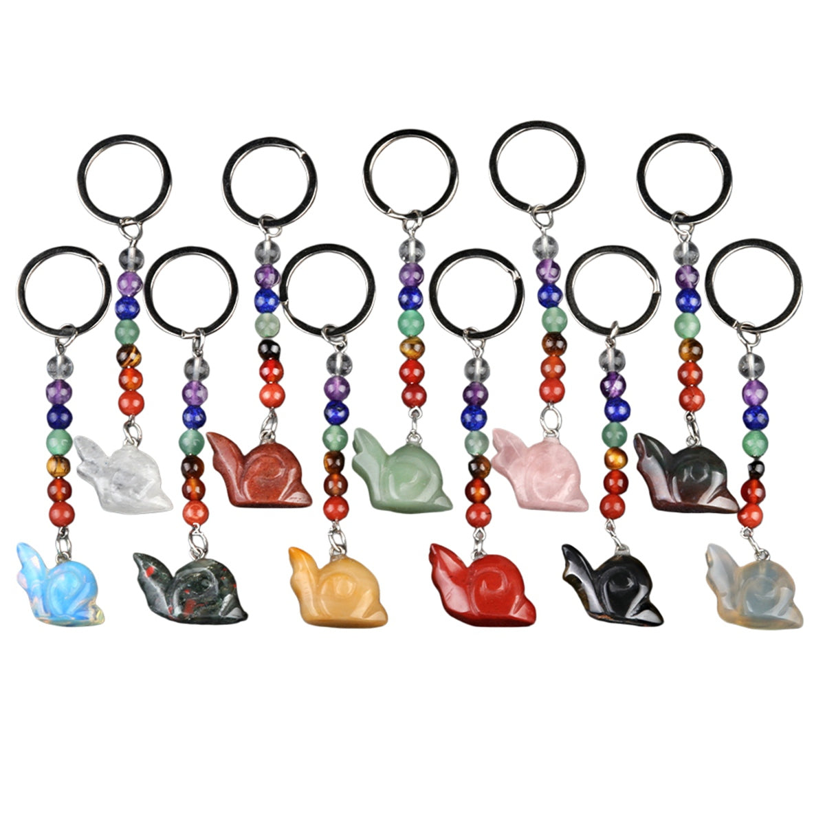 1.0 Inch Hand Carved Snail Gemstone Figurine Pendant Keychain 7 Chakra Beads Chain #KC2323S-A4