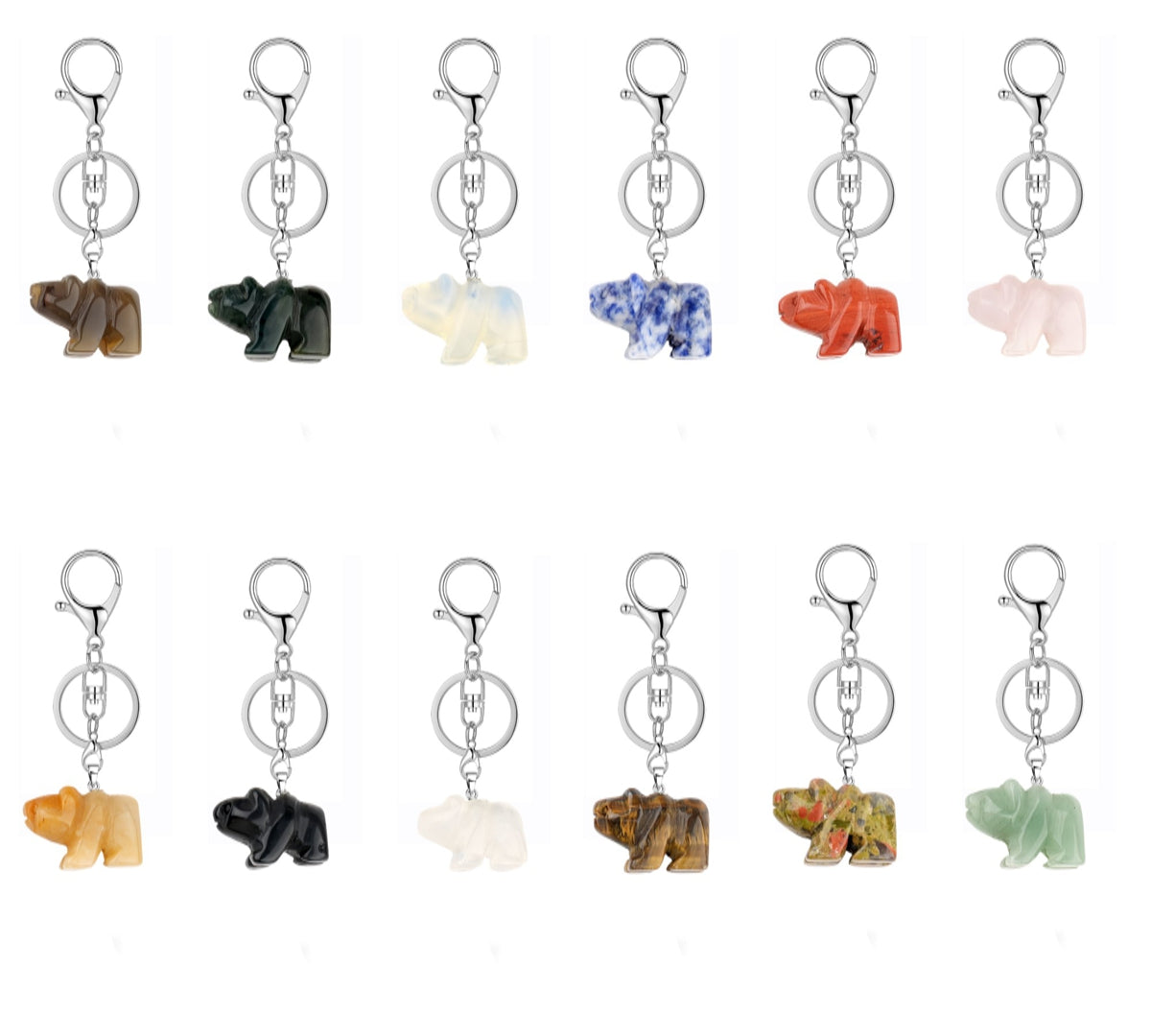 Hand-Carved Gemstone Bear Pendant Keychain – 25MM Natural Crystal Animal Charm with Sturdy Lobster Clasp, Perfect Key Ring Accessory for Bags & Purses #KC2324S-A3
