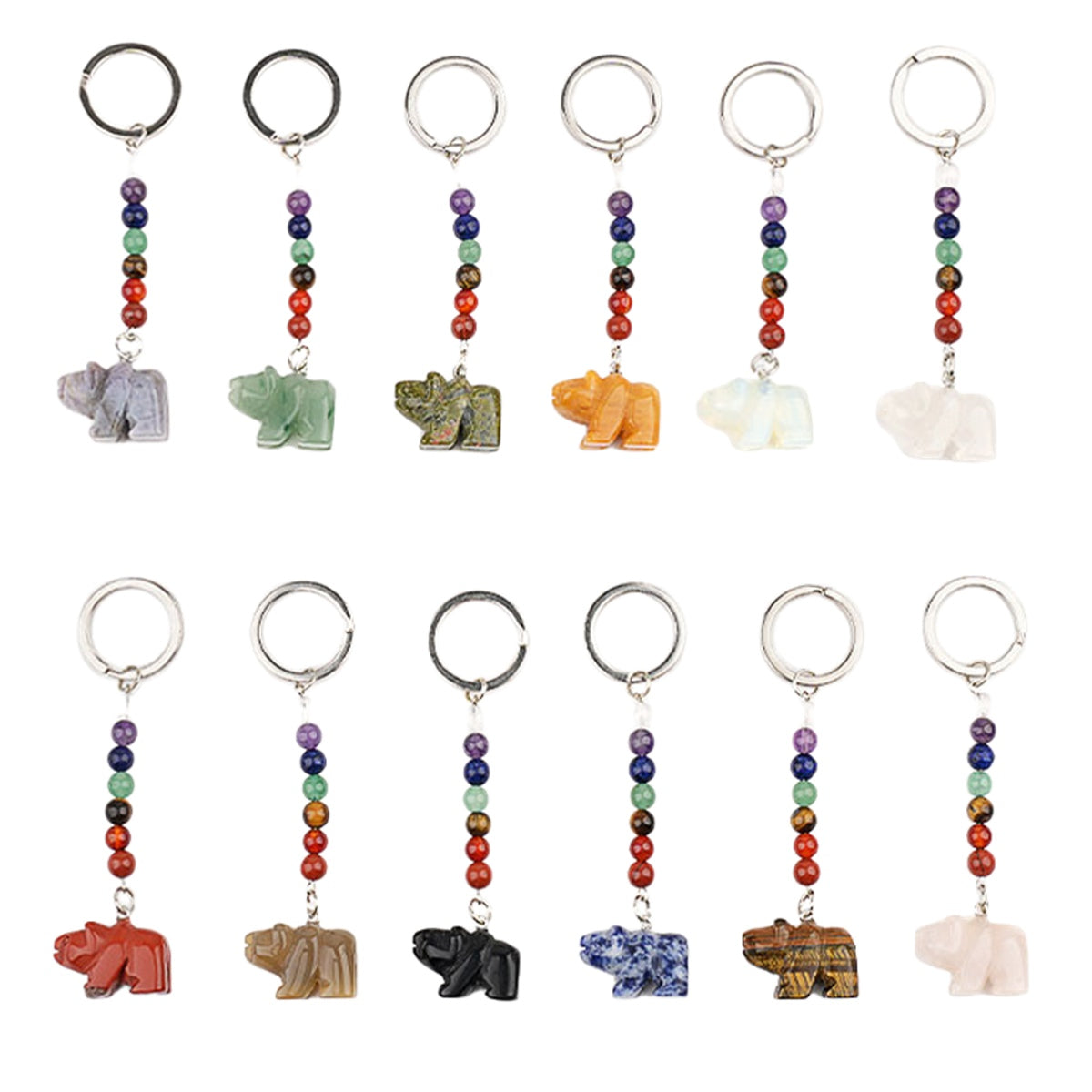 Gemstone Bear Pendant Keychain Hand Carved 25MM Animal Keyring 7 Chakra Beads Chain Accessories for Bag #KC2324S-A4