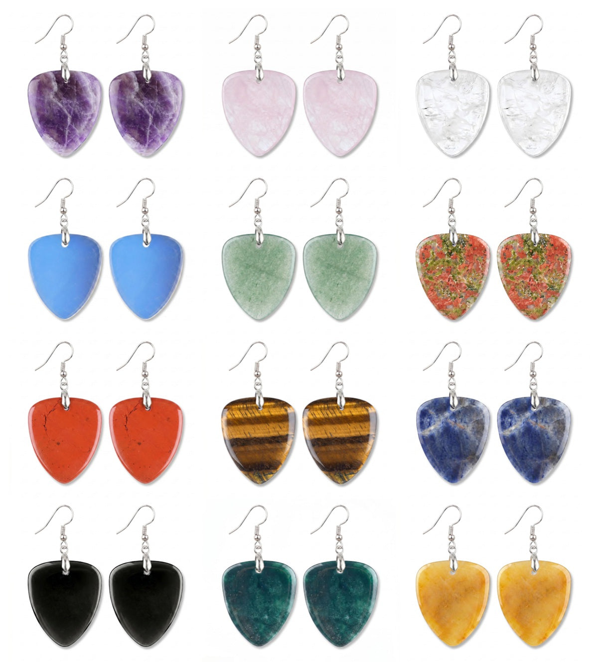 Hand-Polished Gemstone Guitar Pick Pendant Dangle Earrings Unique Crystal Jewelry PE2030