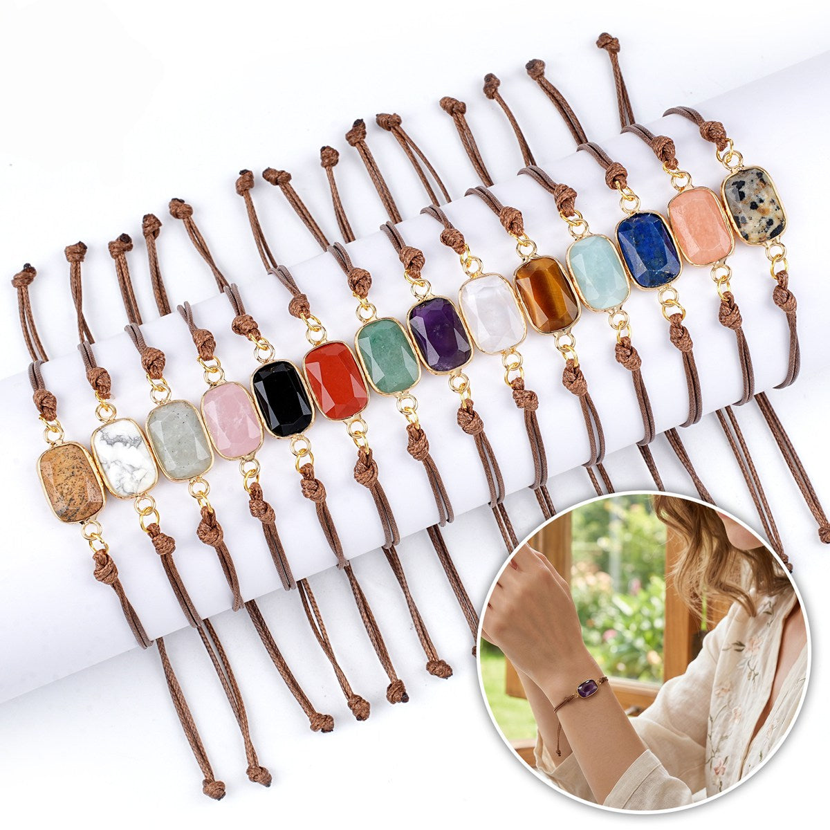 Natural Stone Adjustable Bracelet for Women Men Handmade Woven Bohemian Style Crystal Bangle #SB3126