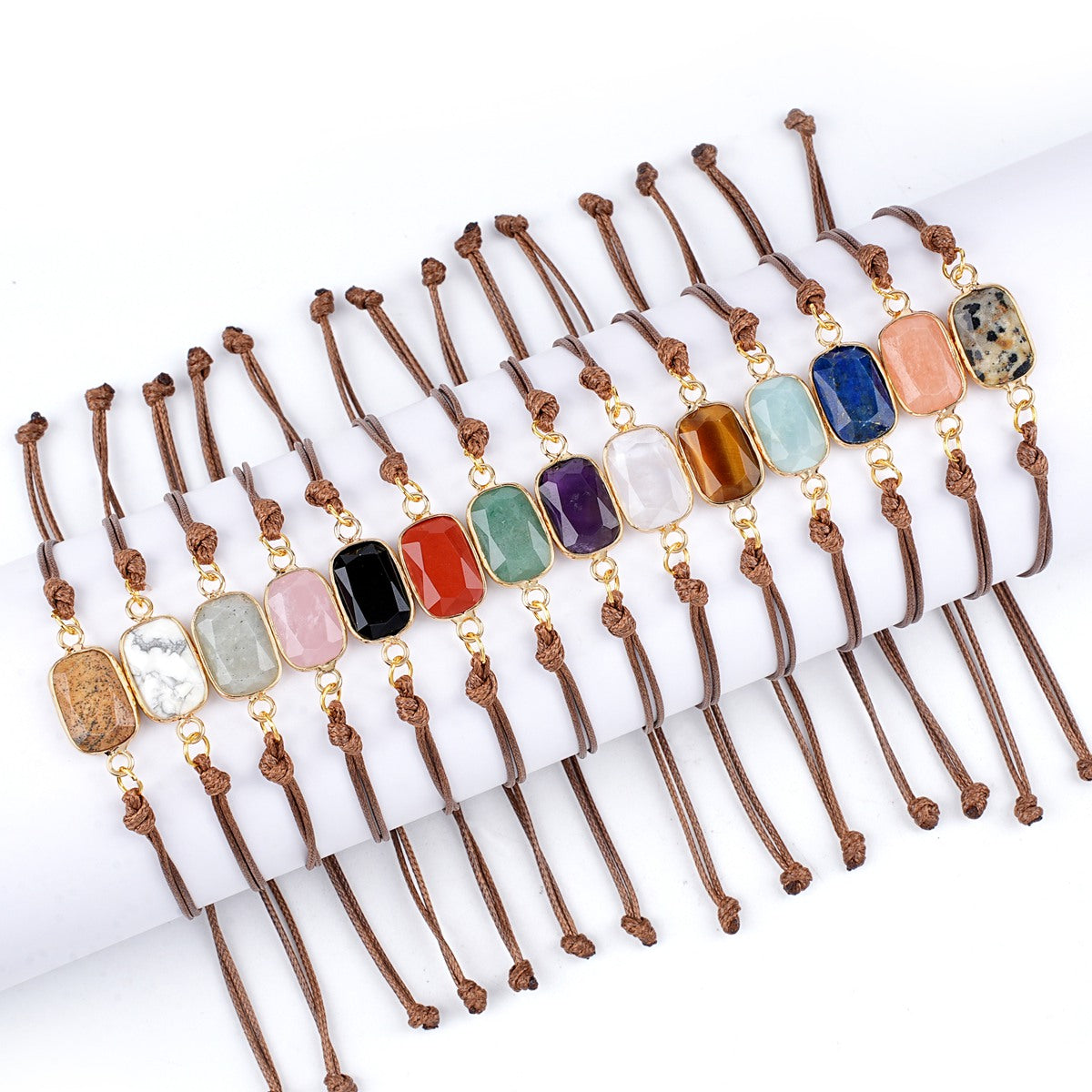 Natural Stone Adjustable Bracelet for Women Men Handmade Woven Bohemian Style Crystal Bangle #SB3126
