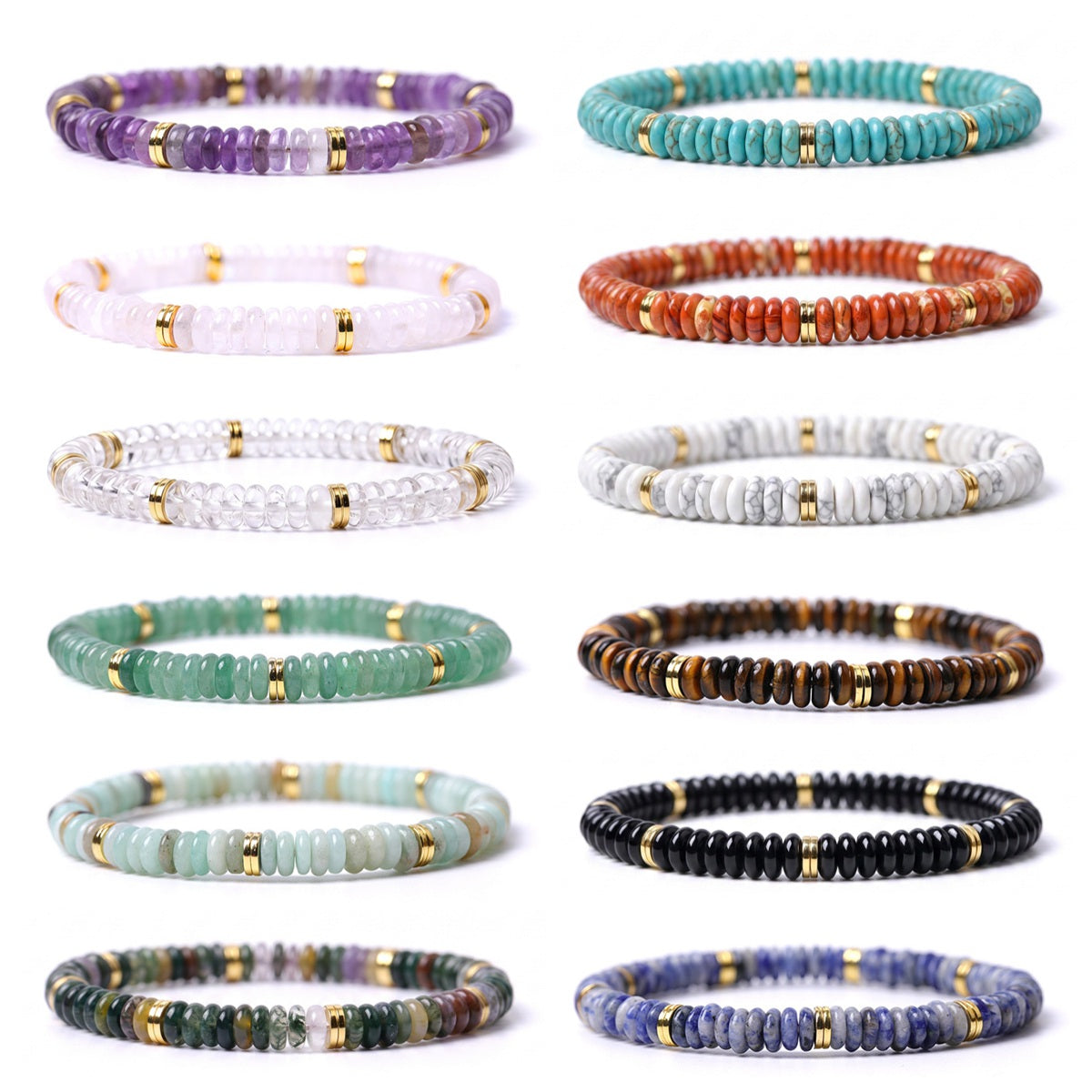6x3mm Disc Bead Stone Stretch Bracelet for Women Men With Gold Spacer #SB3132