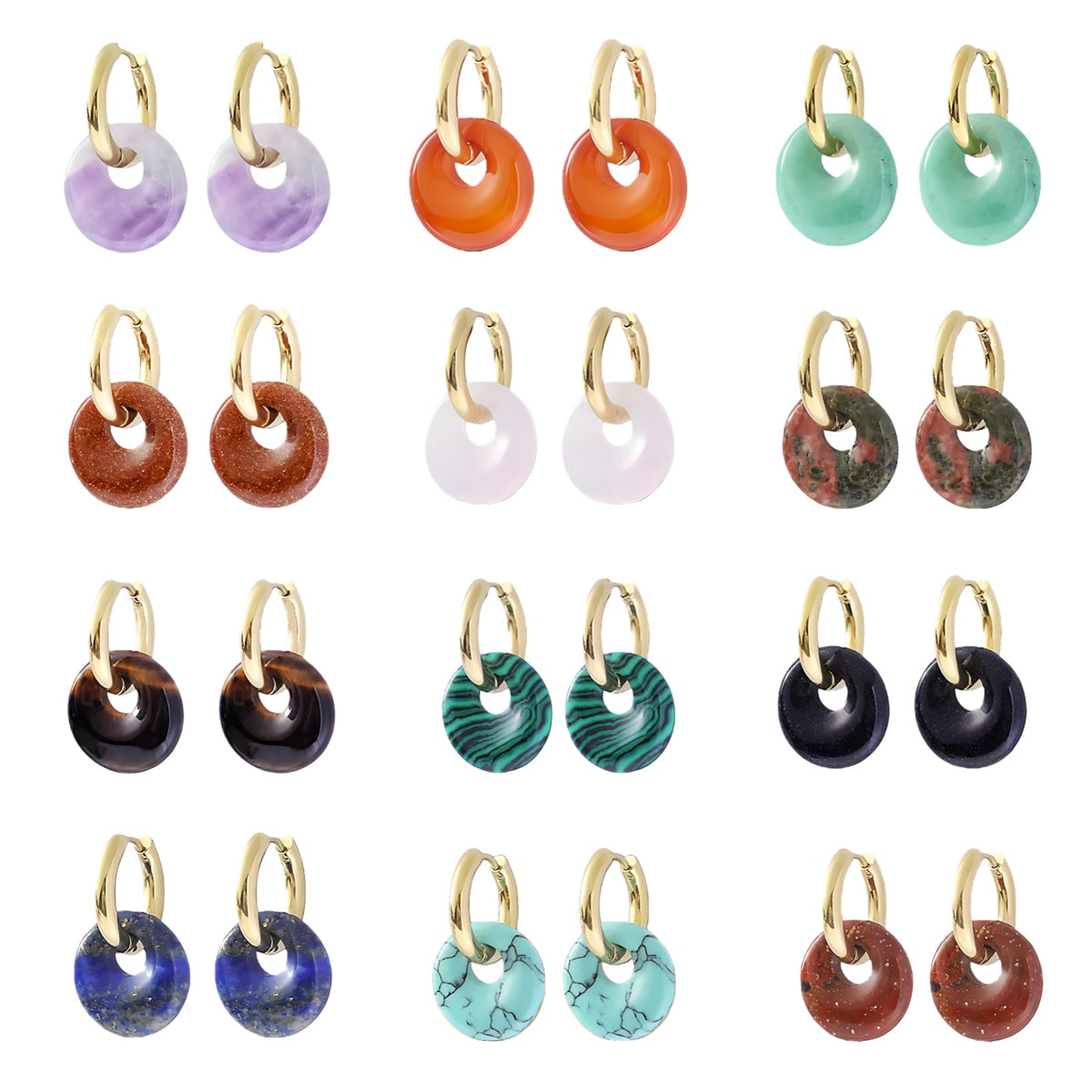 Natural 18MM Healing Gemstone Coin Pendant Drop Earrings for Women Stone Gold Dangle Ear Jewelry