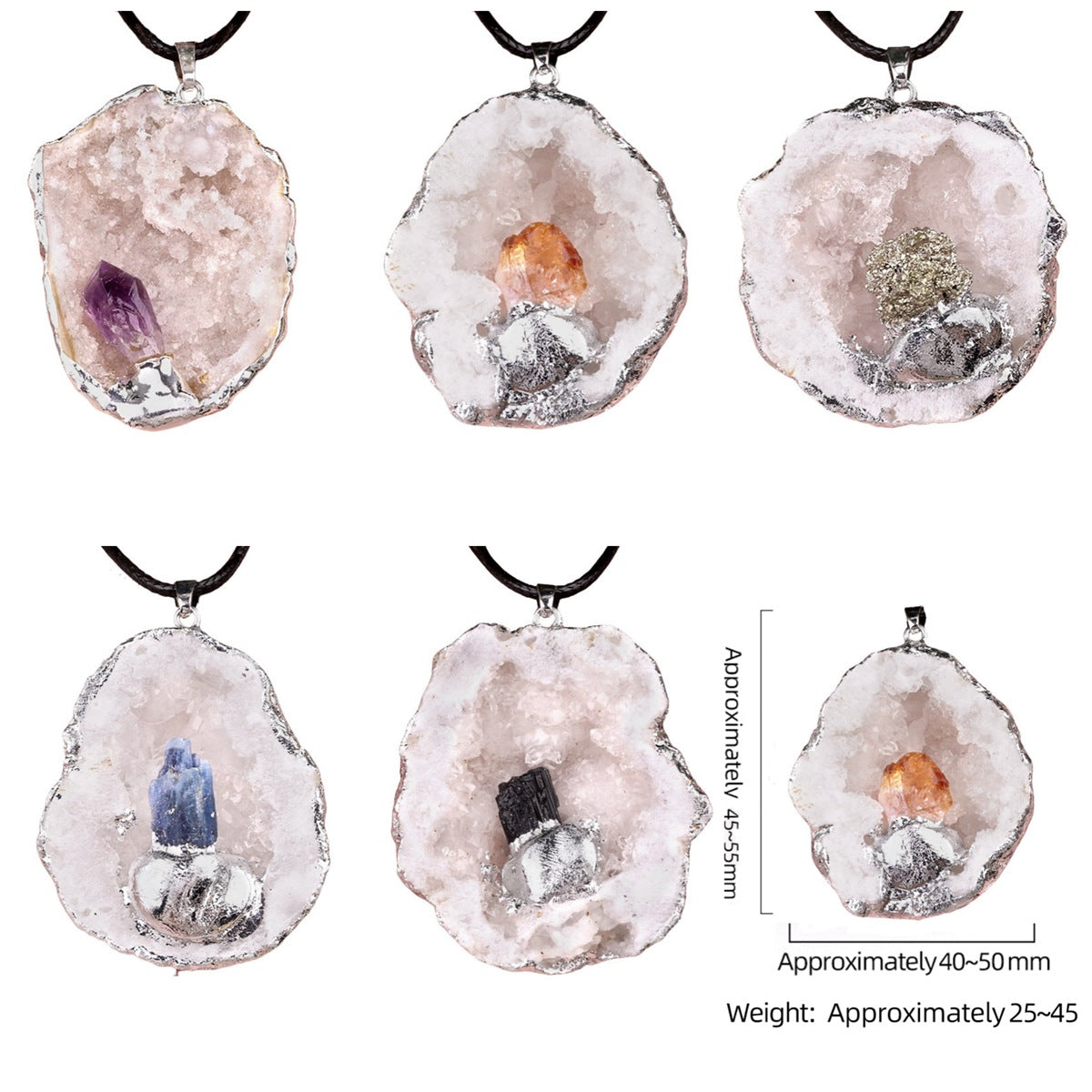 Natural Agate Geode Pendant with Drusy Crystal Point Necklace for Women Ment 45CM Black Cord