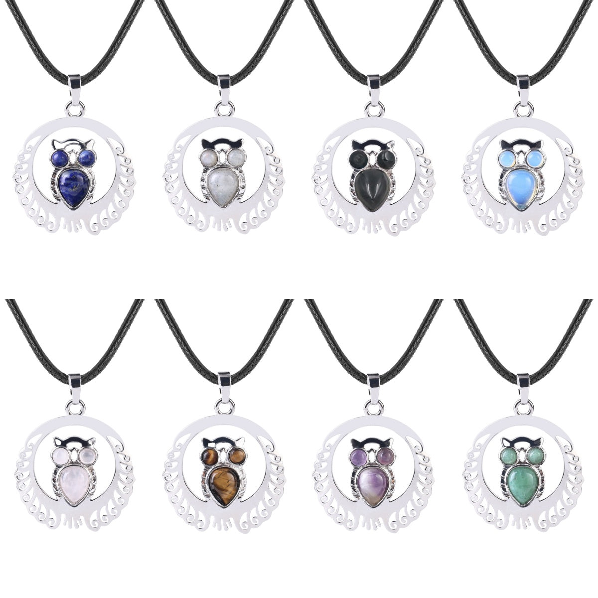 Silver Owl Gemstone Pendant Necklace #SN1759 Crescent Frame Cute Bird Animal Jewelry