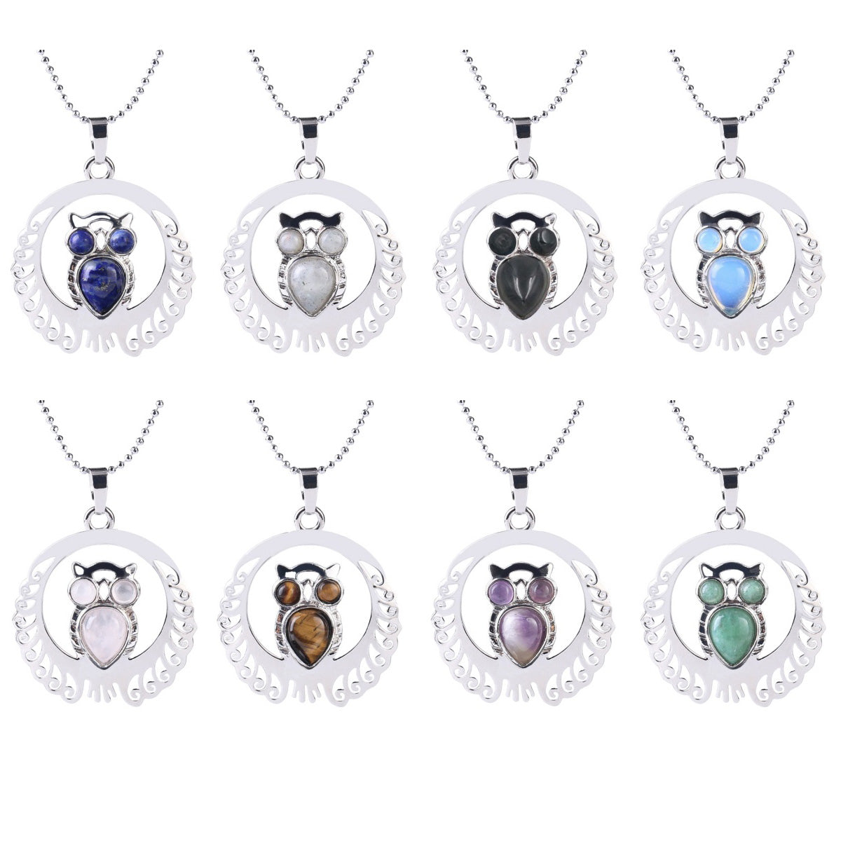 Silver Owl Gemstone Pendant Necklace with Beads Chain #SN1759 Crescent Frame Cute Bird Animal Healing Crystal Jewelry for Women