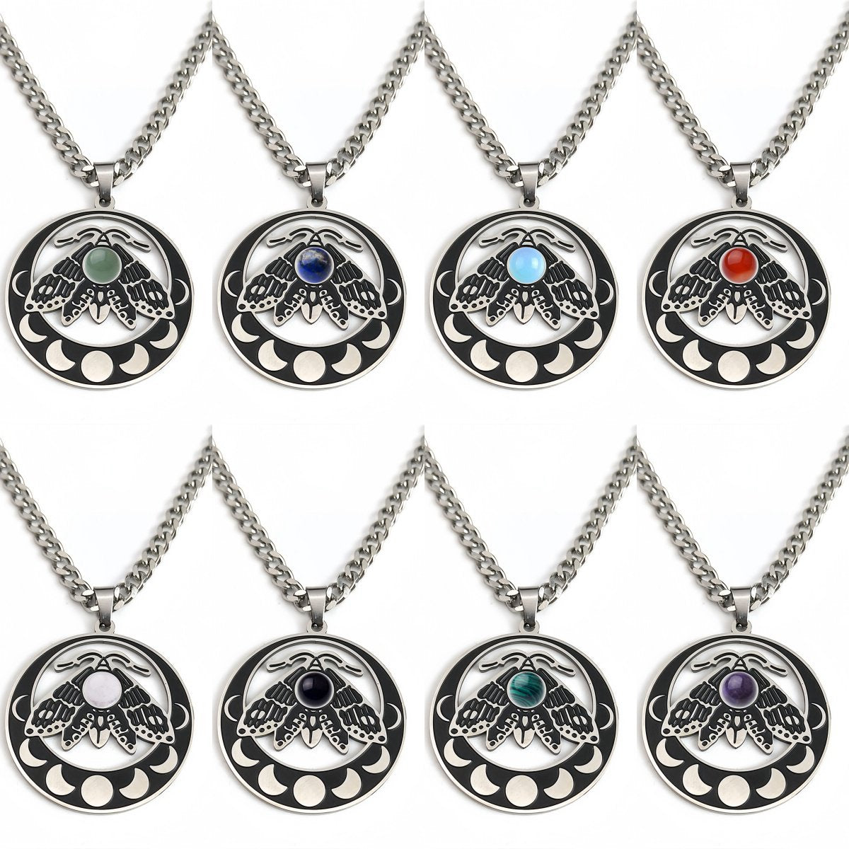 Vintage Moth Moon Phase Necklace - Gothic Stainless Steel Gemstone Amulet - Witchy Celestial Insect Jewelry for Women & Men