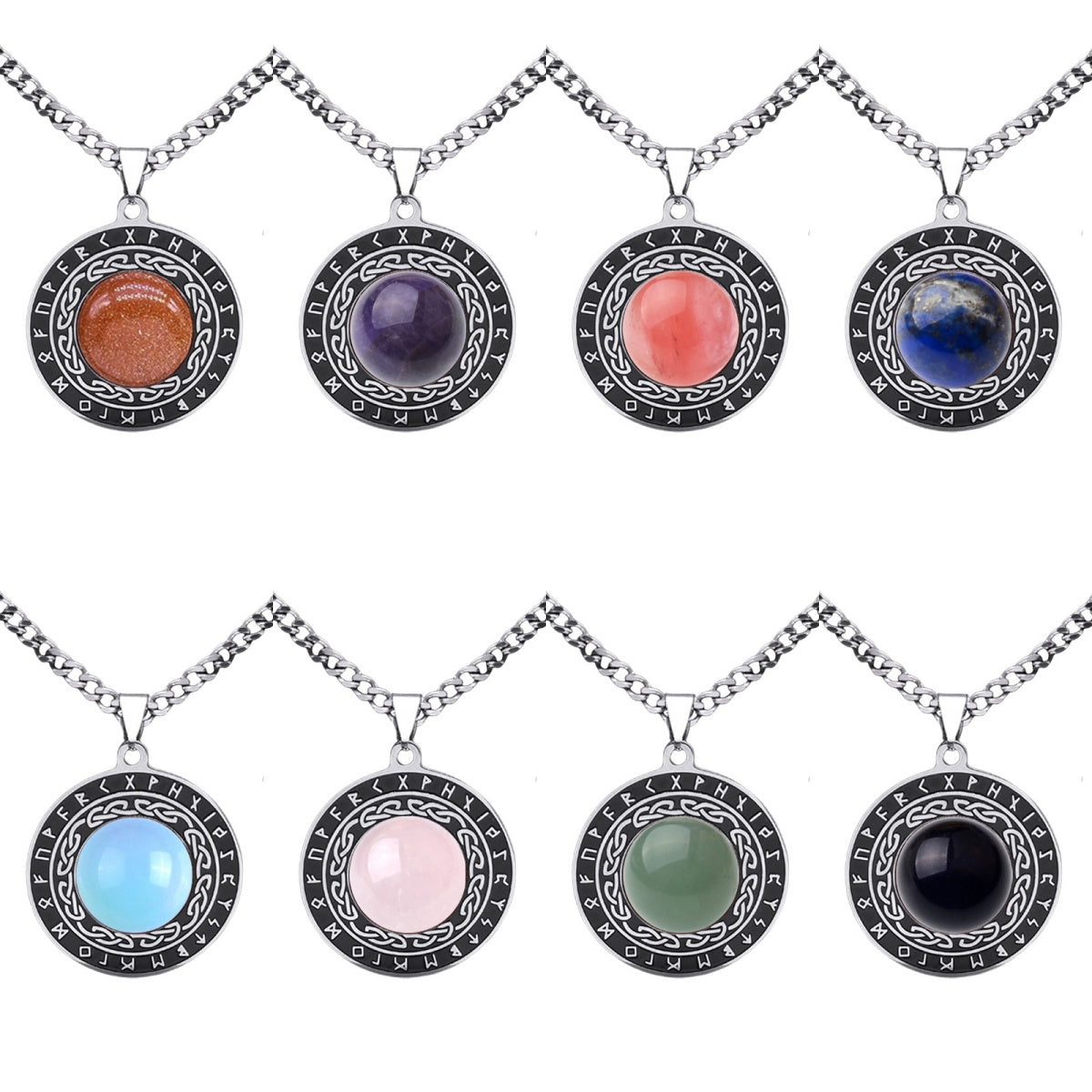 Retro Viking Rune Pendant Necklace - Stainless Steel Goldstone Amulet - Nordic Futhark Circle Jewelry for Men & Women