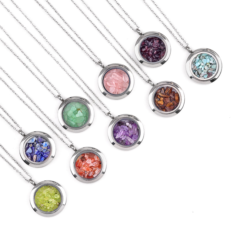 Round Gawu Box Pendant Necklace  Chip Stone Stainless Steel Floating Locket Crystal Specimen Keepe Custom for Keepsakes & Healing Stones（副本）