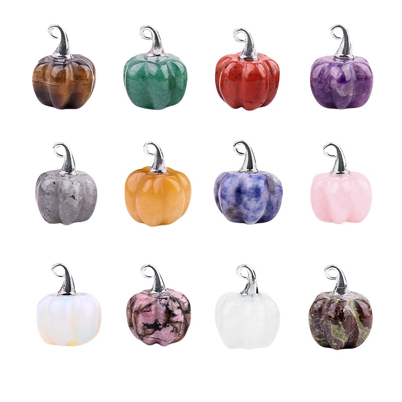 20MM Gemstone Pumpkin Pendant Ornament Handmade Craved Crystal Charm with Silver Bail for Halloween & Fall DIY Jewelry