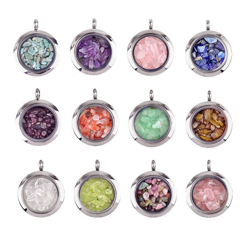 Round Gawu Box Pendant Necklace  Chip Stone Stainless Steel Floating Locket Crystal Specimen Keepe Custom for Keepsakes & Healing Stones（副本）
