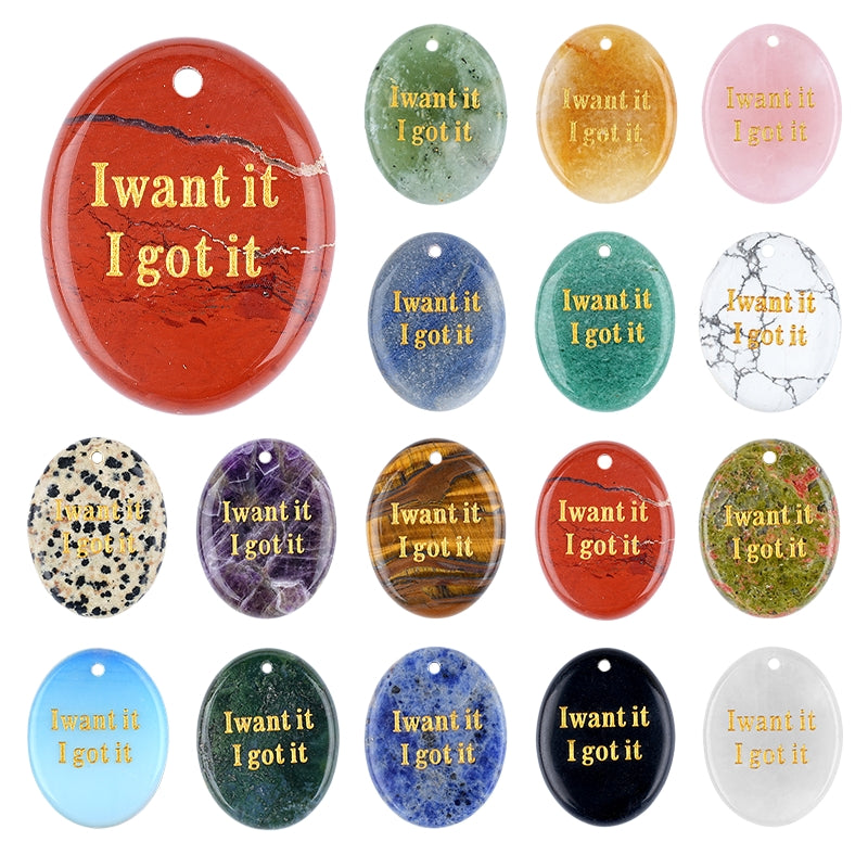 Oval Gemstone Pendants, Engraved "I Want It I Got It" Inspirational Quote, Natural Stone Charm Pendants for DIY Jewelry Making, Necklace Bracelet Crafts, 35x45mm