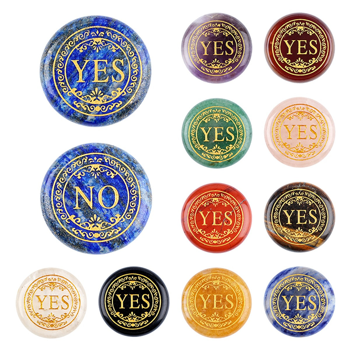 25mm Natural Gemstone Decision Stone Double-Sided Engraved YES / NO Palm Stones Gold Lettering Divination Healing Crystals for Gift