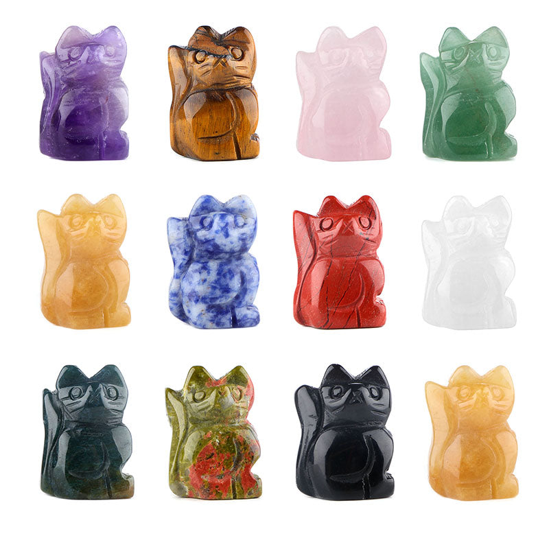 1.0Inch Handmade Carved Gemstone cat Ornament For Home Office Desk Decor Mini Stone Animal Figurine Statue Reiki Healing Crystal