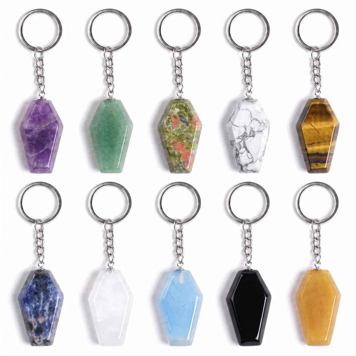 Natural Stone Coffin Keychain with Lobster Clasp Crystal Healing Gemstone Key Ring Bag Charm