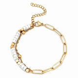 4mm Natural Stone Heishi Bead Bracelet Gold Stainless Steel Paperclip Chain Adjustable Multi-Color Gemstone Layering Jewelry #SB3163