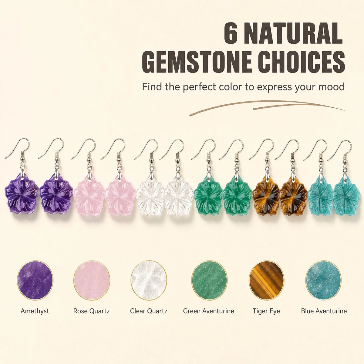 Hand Carved Natural Crystal Flower Dangle Earrings, Gemstone Drop Earrings for Women Jewelry Gift