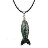 Handmade Craved Gemstone Fish Pendant Necklace 45cm Adjustable Leather Cord Spiritual Crystal Jewelry