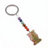 Natural Gemstone Owl Keychain with 7 Chakra Stone Beads Chains Hand-Carved Crystal Animal Key Ring for Women Men KC2329