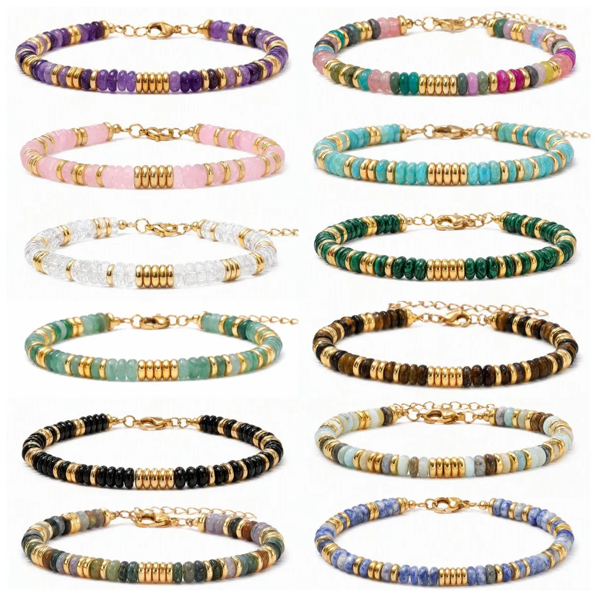 Natural Heishi Disc Stone Bead Bracelet Gold Spacer Beads Adjustable Chain Healing Gemstone Handmade Jewelry For Women #SB3139