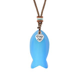 I Love My Cat Crystal Fish Pendant Necklace Metal Heart Charm Healing Choker Adjustable Braided Rope Jewelry Women Men