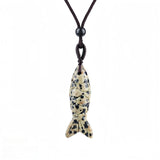 Handmade Craved Gemstone Fish Pendant Necklace Adjustable Rope Unique Gift for Her/Him