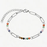 Stainless Steel Paperclip Chain Bracelet 4mm Natural Gemstone Bead Adjustable Dainty Layering Bracelet for Women #SB3161