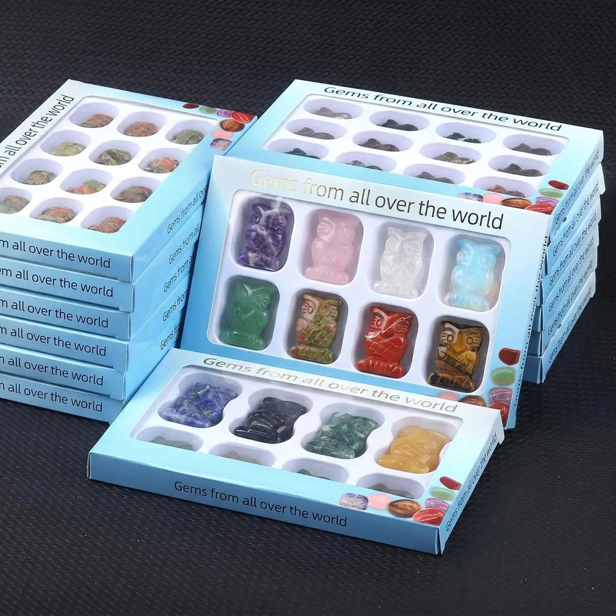 12Pcs Crystal Owl Figurine Set | Hand-Carved Gemstone Owl Collection Gift Box