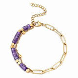 4mm Natural Stone Heishi Bead Bracelet Gold Stainless Steel Paperclip Chain Adjustable Multi-Color Gemstone Layering Jewelry #SB3163