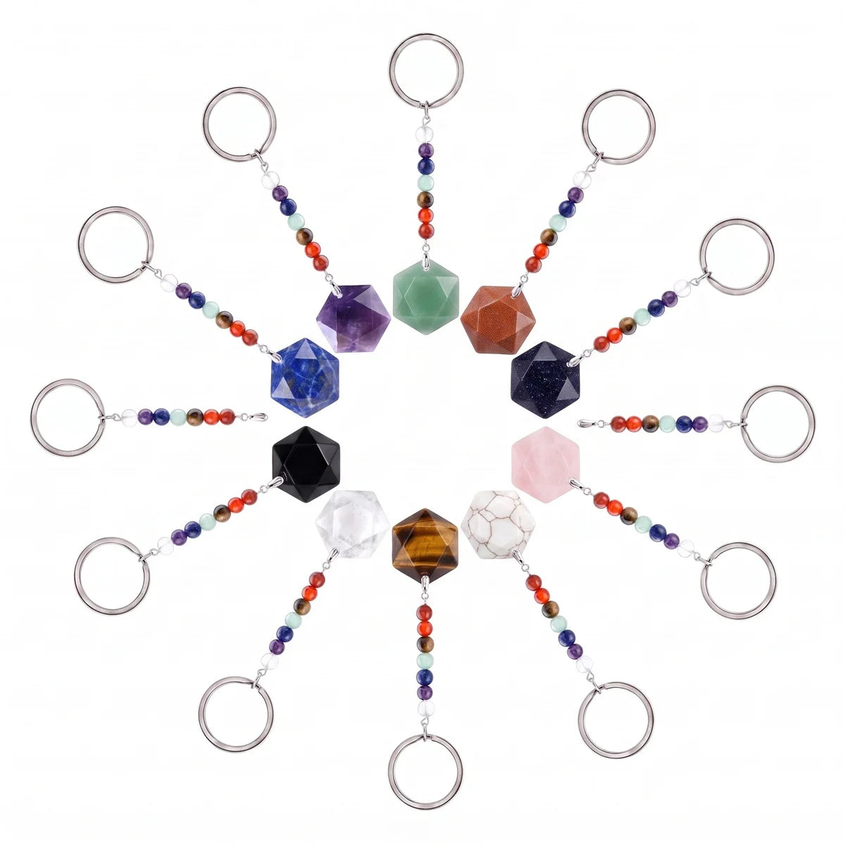 22mm Faceted Hexagon Natural Stone Keychain with 7 Chakra Beads Healing Crystal Bag Charm Ring Gift