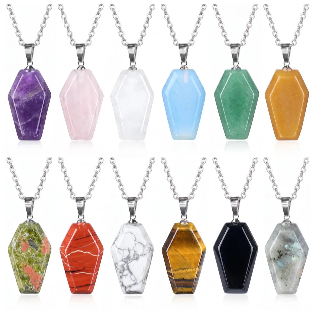 Natural Gemstone Coffin Pendant Necklace - Faceted Healing Crystal Gothic Witchy Jewelry SN1378