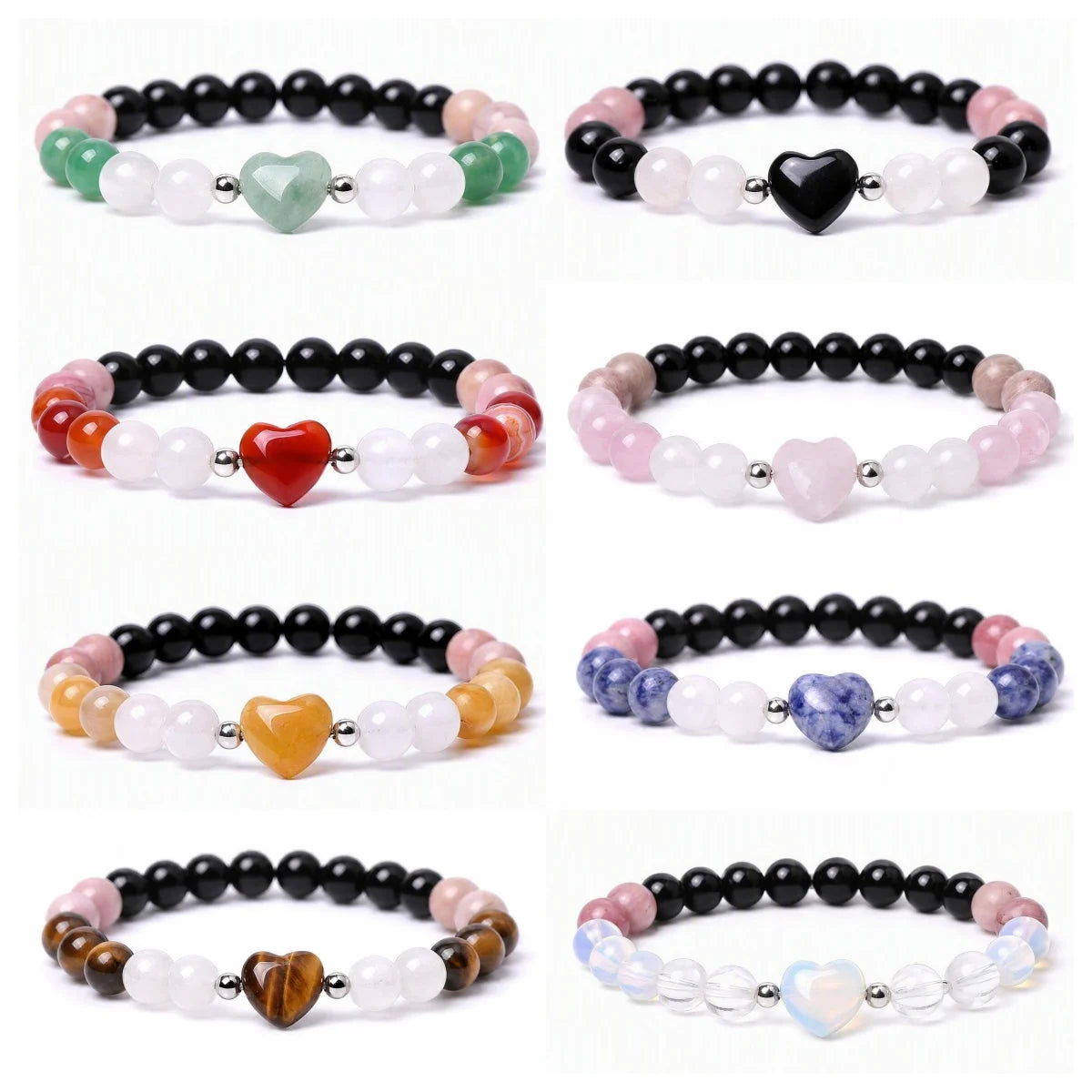 Hand Carved Heart 8mm Round Beads Black Onyx Stretch Bracelet  For Female Daily Wear #SB3138