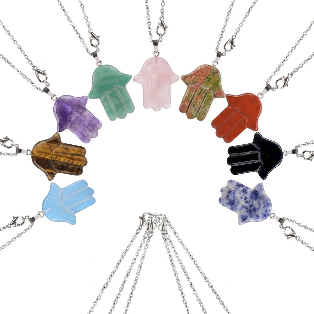 Hamsa Hand Natural Crystal Pendant Necklace Silver O Chain Evil Eye Lucky Healing Spiritual Jewelry For Women Daily Wear