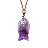 I Love My Cat Crystal Fish Pendant Necklace Metal Heart Charm Healing Choker Adjustable Braided Rope Jewelry Women Men